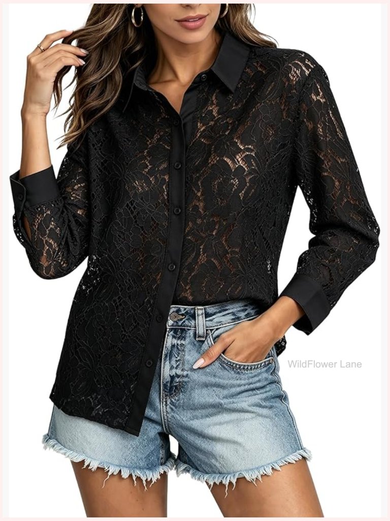 Sheer Lace Long Sleeve Button Down Blouse Floral Dressy Going Out Top